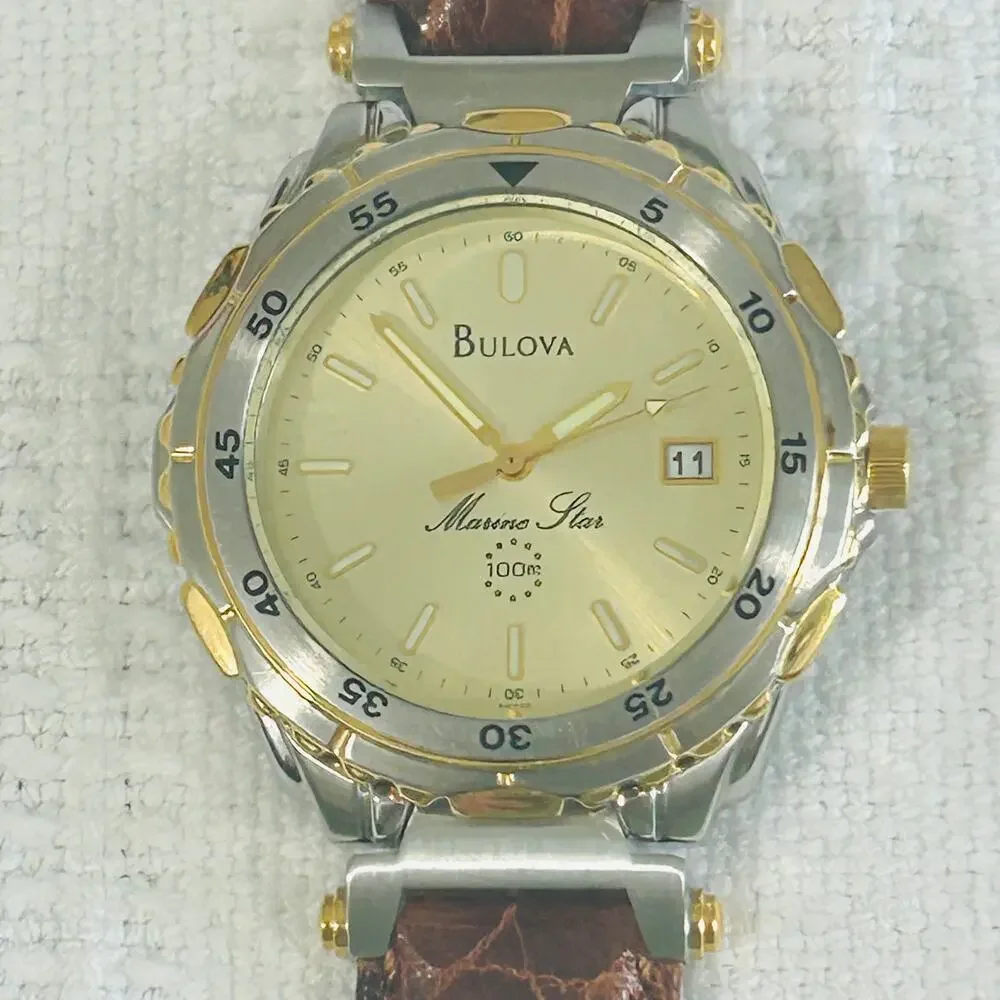 Bulova Marine Star Ladies Watch Quartz 37mm 2 Tone Leather Strap Vintage
